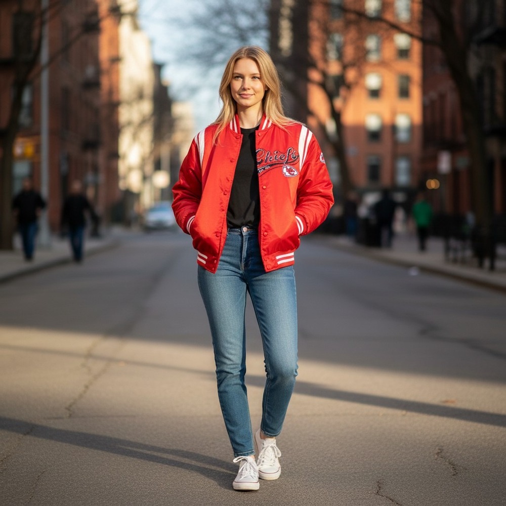 WEAR by Erin Andrews Kansas City Chiefs Red Varsity Bomber Jacket Women NEW
